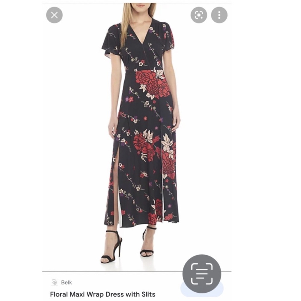 Asian inspired v-neck black dress with red/pink/purple floral pattern.